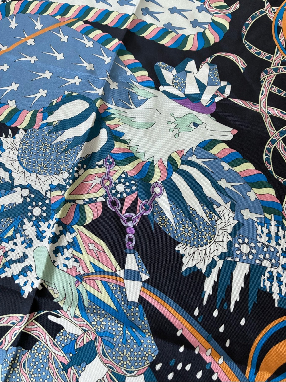 Designer Inspired Whimsical Scarf in Navy and Pastel - Picture 7 of 7
